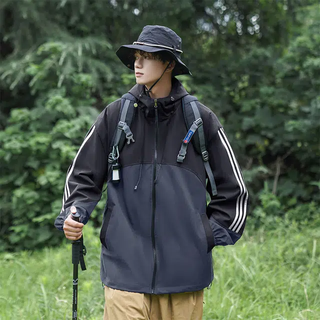 素杭 潮流宽松拼色条纹连帽开衫户外徒步日常情侣款防风夹克外套 男女同款