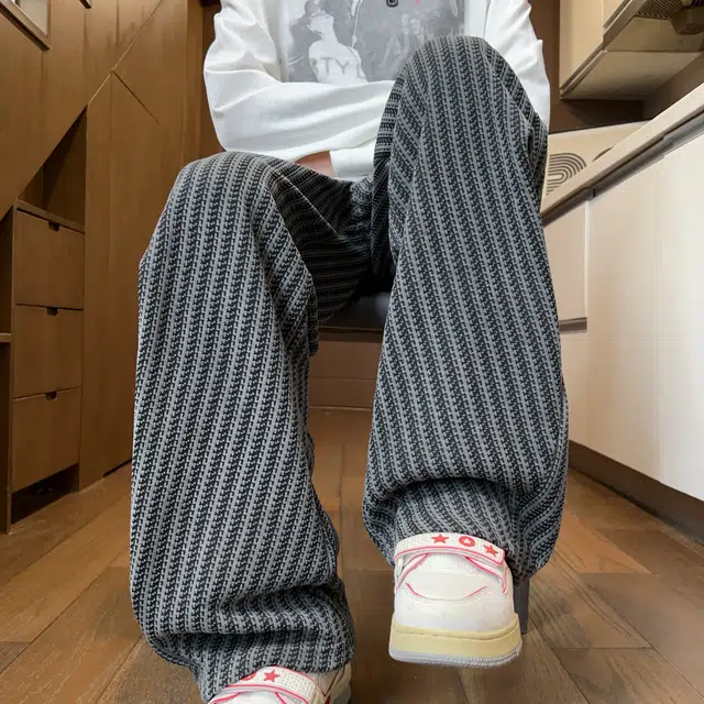 素杭 潮流宽松垂感直筒长裤慵懒感条纹松紧腰阔腿裤子中性风日常基础百搭运动休闲裤 男女同款