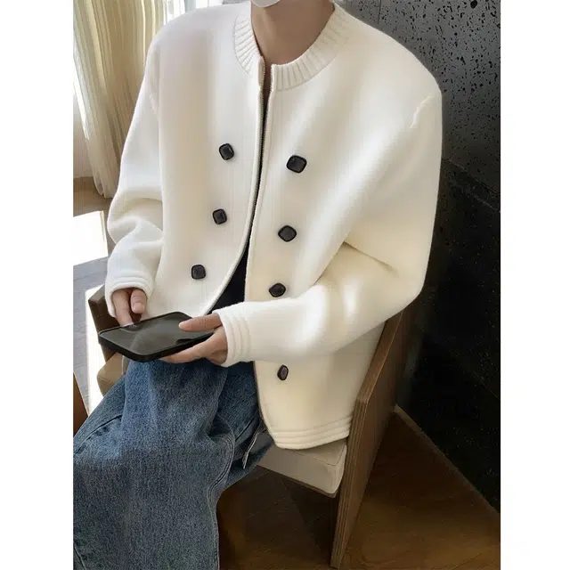 素杭 高级感韩系简约纯色设计感纽扣装饰学院风外套外搭松弛慵懒感宽松圆领亲肤百搭日常开衫拉链针织衫 男女同款