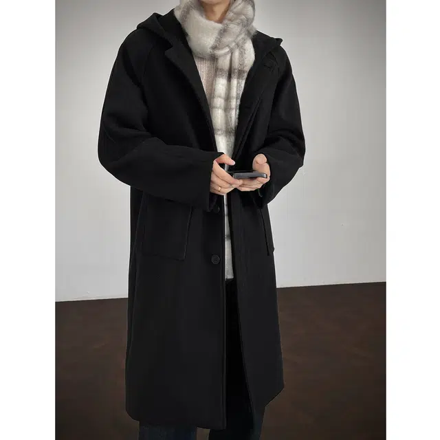 素杭 潮流宽松简约过膝毛呢连帽外套落肩日常防风保暖情侣风衣大衣 男女同款