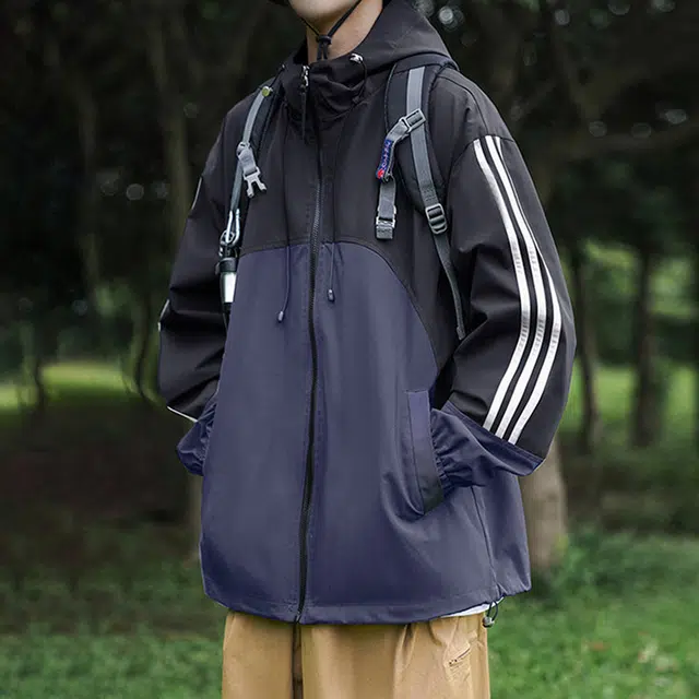 素杭 潮流宽松拼色条纹连帽开衫户外徒步日常情侣款防风夹克外套 男女同款