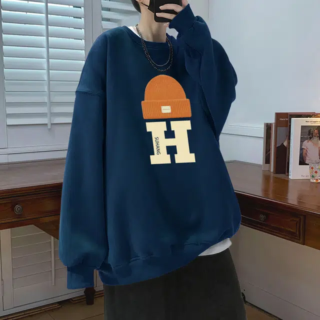 素杭 美式复古休闲趣味印花圆领长袖落肩打底衫情侣款上衣日常百搭外套卫衣 男女同款