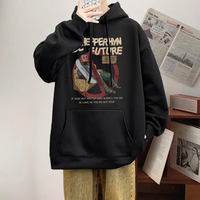 素杭 美式复古趣味卡通印花圆领落肩长袖外搭慵懒风基础百搭情侣款休闲卫衣 男女同款