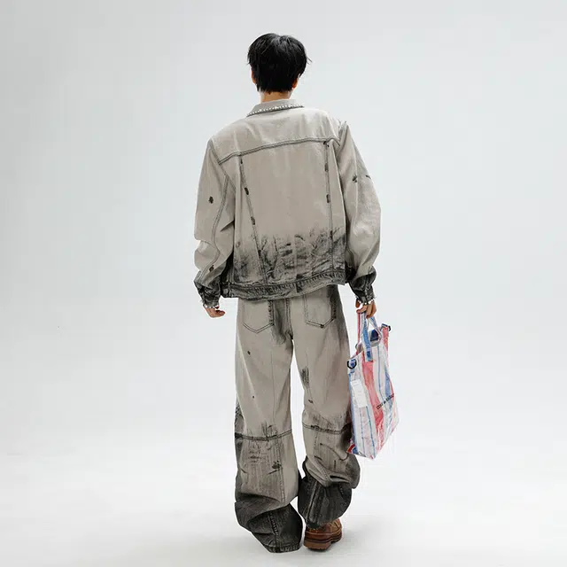素杭 美式复古渐变重工水洗做旧硬汉牛仔夹克搭配阔腿长裤两件套潮牌穿搭一整套休闲运动套装 男女同款