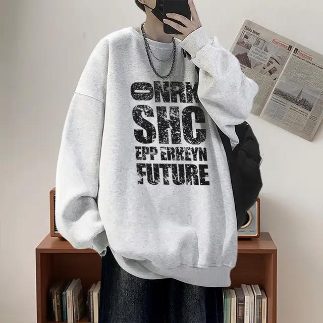 素杭 美式复古斑驳字母印花圆领长袖打底衫潮流宽松大码情侣款上衣日常休闲百搭外套卫衣 男女同款