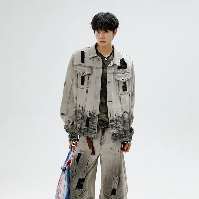 素杭 美式复古渐变重工水洗做旧硬汉牛仔夹克搭配阔腿长裤两件套潮牌穿搭一整套休闲运动套装 男女同款