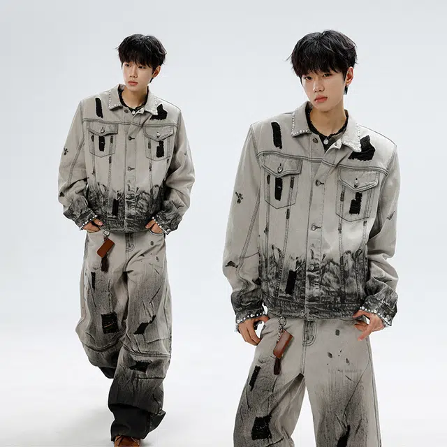素杭 美式复古渐变重工水洗做旧硬汉牛仔夹克搭配阔腿长裤两件套潮牌穿搭一整套休闲运动套装 男女同款