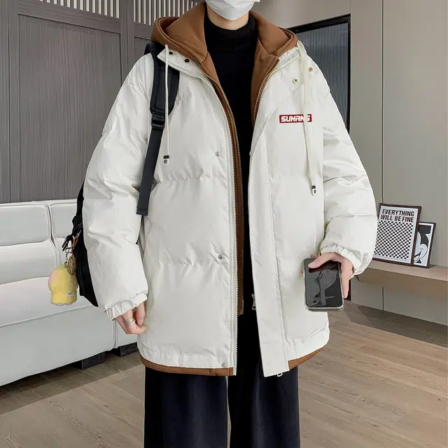 素杭 潮流宽松撞色连帽假两件棉衣加厚保暖外套情侣款日常休闲百搭棉袄外搭棉服 男女同款