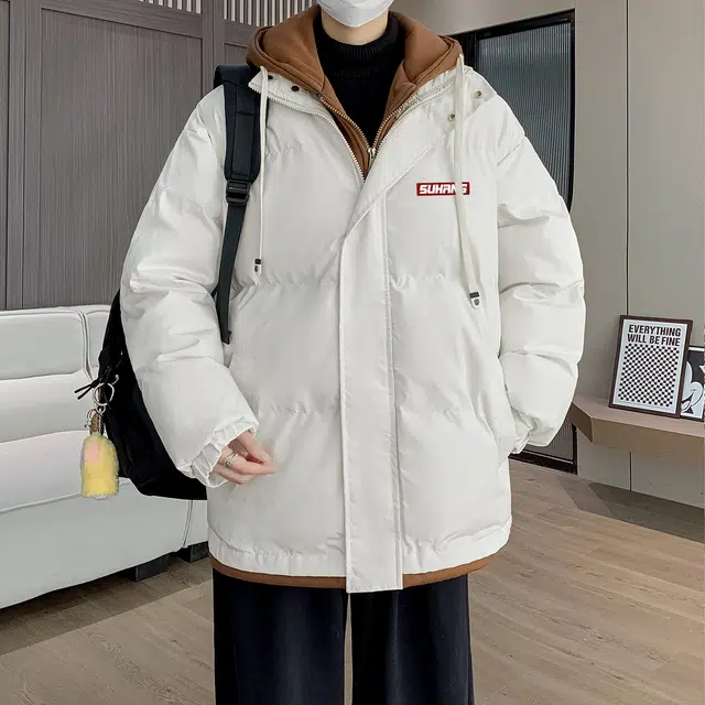 素杭 潮流宽松撞色连帽假两件棉衣加厚保暖外套情侣款日常休闲百搭棉袄外搭棉服 男女同款