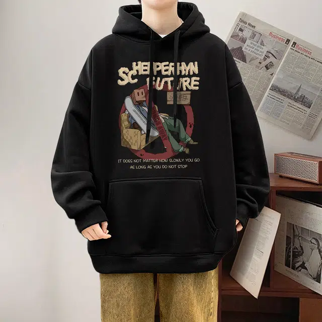 素杭 美式复古趣味卡通印花圆领落肩长袖外搭慵懒风基础百搭情侣款休闲卫衣 男女同款