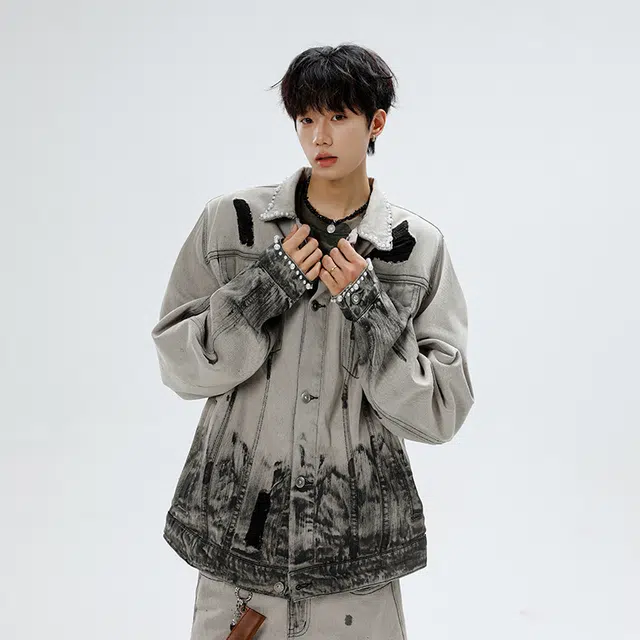 素杭 美式复古渐变重工水洗做旧硬汉牛仔夹克搭配阔腿长裤两件套潮牌穿搭一整套休闲运动套装 男女同款