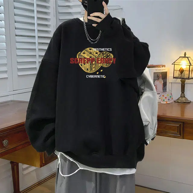 素杭 宽松大码美式设计感趣味字母印花圆领落肩加绒加厚重磅长袖外套情侣款日常休闲卫衣 男女同款