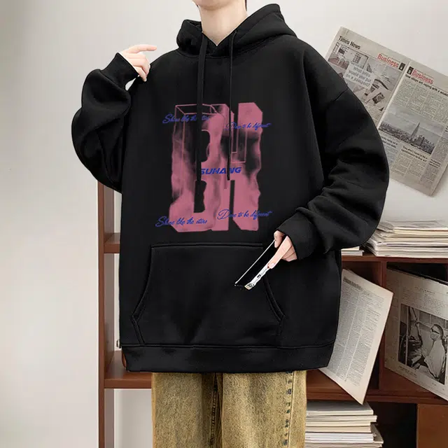 素杭 加绒加厚宽松大码 美式复古趣味印花连帽外套日常基础百搭情侣款休闲帽衫上衣卫衣 男女同款