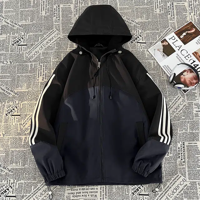 素杭 潮流宽松拼色条纹连帽开衫户外徒步日常情侣款防风夹克外套 男女同款