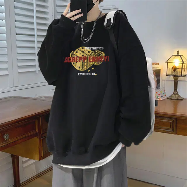 素杭 宽松大码美式设计感趣味字母印花圆领落肩加绒加厚重磅长袖外套情侣款日常休闲卫衣 男女同款