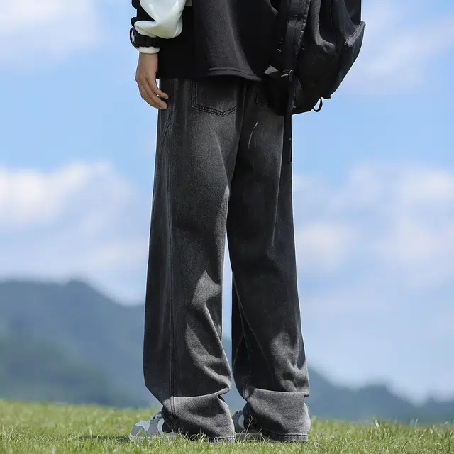 顶峰保罗 复古做旧水洗宽松直筒休闲时尚百搭加厚加绒无性别主义美式潮牌垂感高街弯刀系带设计感牛仔裤 男女同款