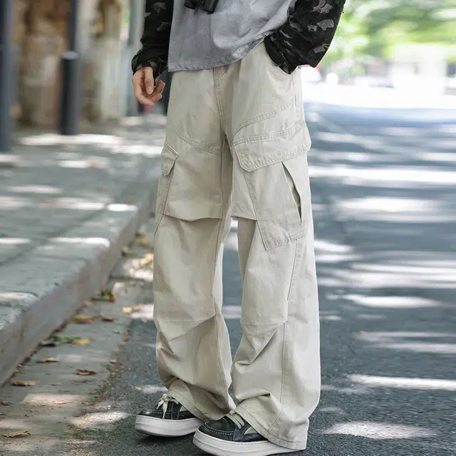 顶峰保罗 美式纯棉高街潮牌多口袋工装伞兵裤无性别主义通勤宽松百搭阔腿长裤子简约时尚痞帅直筒拖地垂感休闲裤 男女同款