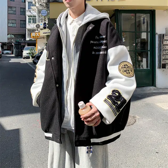 顶峰保罗 假两件拼接上衣外套美式情侣款潮牌宽松小众复古百搭痞帅高街连帽夹克 男女同款