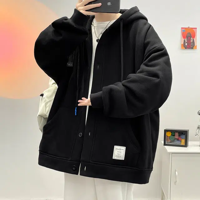 顶峰保罗 美式纯色潮牌宽松大码重磅开衫连帽无性别主义直筒痞帅简约百搭长袖卫衣 男女同款