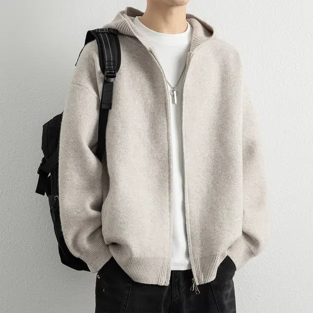 顶峰保罗 连帽针织开衫夹克无性别主义复古慵懒风痞帅直筒休闲宽松大码上衣外套简约百搭纯色长袖毛衣 男女同款