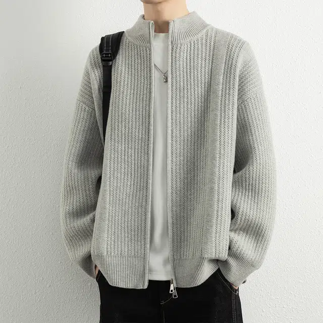 顶峰保罗 日系慵懒风潮牌立领双拉链开衫外套高街百搭无性别主义宽松大码休闲运动纯色上衣显高显瘦轻熟风毛衣 男女同款