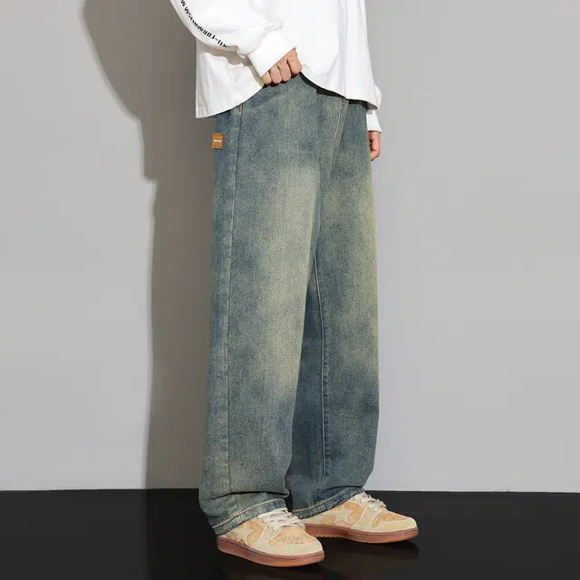 顶峰保罗 美式水洗复古做旧潮牌直筒无性别主义休闲阔腿长裤显高显瘦宽松大码百搭高街垂感牛仔裤 男女同款