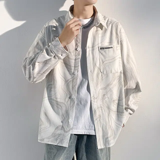 顶峰保罗 美式复古扎染字母印花休闲翻领长袖夹克衬衣无性别主义宽松大码高街时尚上衣外套简约百搭衬衫 男女同款