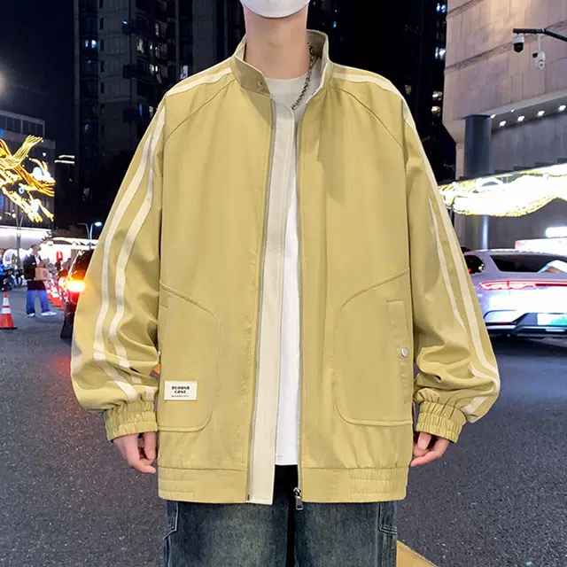 顶峰保罗 美式条纹拼接潮牌纯色飞行员翻领长袖机车外套无性别主义直筒休闲运动复古工装上衣宽松加肥加大简约百搭高街夹克 男女同款