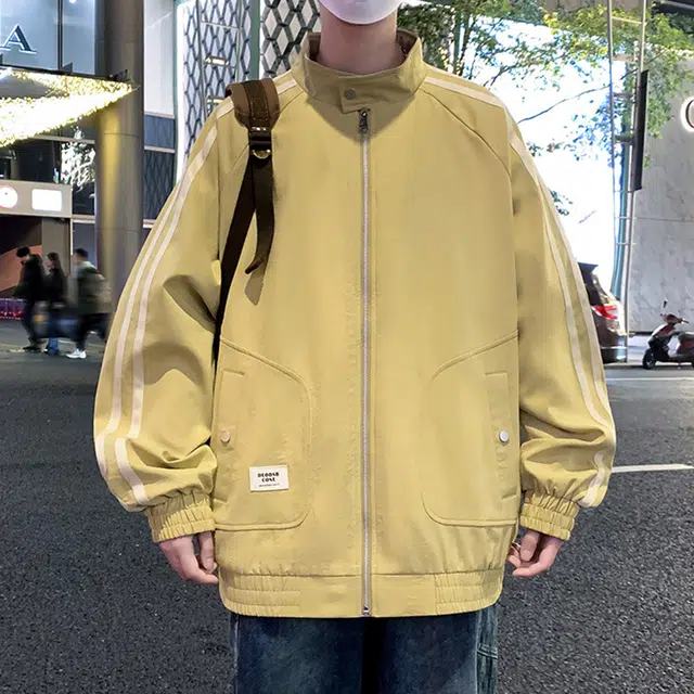 顶峰保罗 美式条纹拼接潮牌纯色飞行员翻领长袖机车外套无性别主义直筒休闲运动复古工装上衣宽松加肥加大简约百搭高街夹克 男女同款