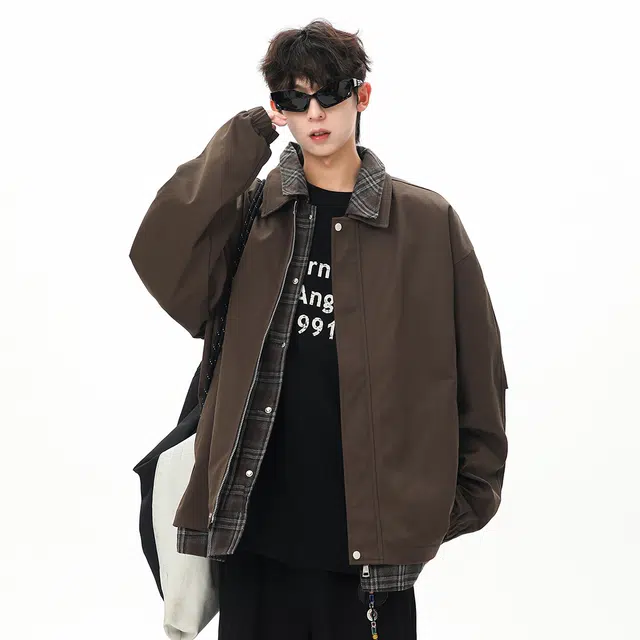 顶峰保罗 美式假两件格纹拼接翻领长袖外套无性别主义休闲复古潮牌宽松大码上衣简约百搭显高显瘦夹克 男女同款