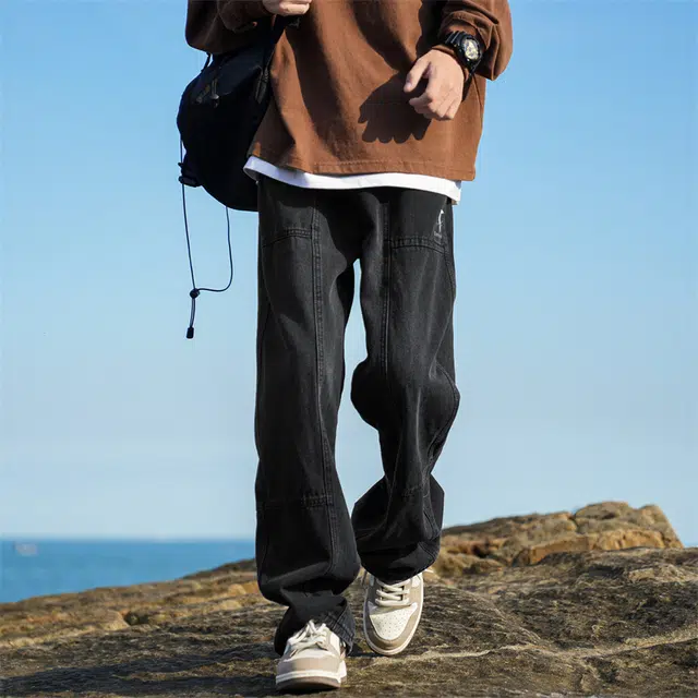 顶峰保罗 美式复古潮牌高街水洗做旧长裤宽松直筒牛仔裤 男女同款
