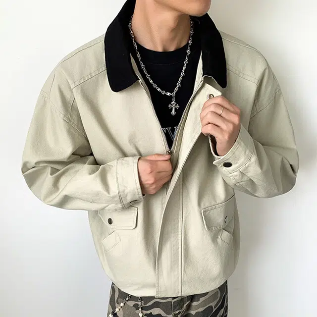 顶峰保罗 美式复古哈灵顿拼接撞色翻领重磅纯棉工装无性别主义潮流宽松加肥加大休闲长袖机车简约百搭显高显瘦夹克外套 男女同款