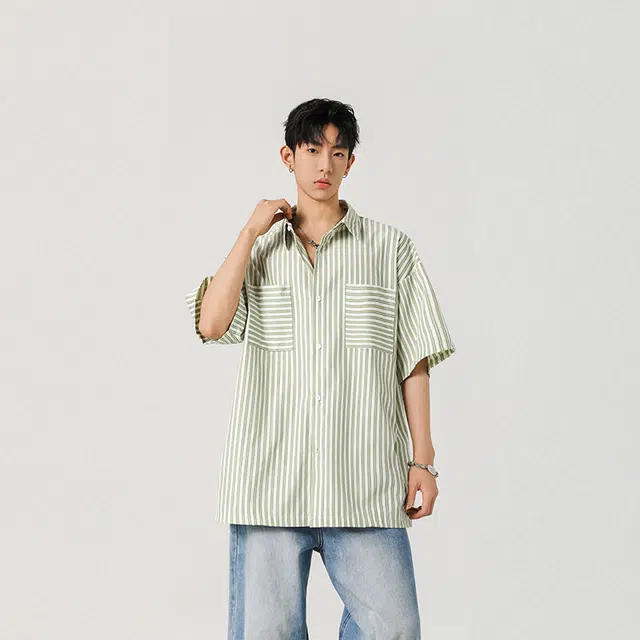 顶峰保罗 竖条纹薄款透气大口袋衬衣外套宽松舒适冰丝凉感速干休闲小众百搭翻领短袖衬衫 男女同款