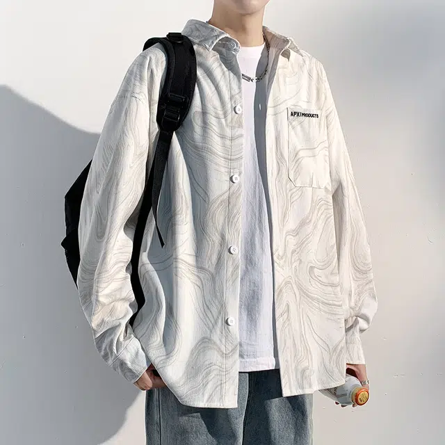 顶峰保罗 美式复古扎染字母印花休闲翻领长袖夹克衬衣无性别主义宽松大码高街时尚上衣外套简约百搭衬衫 男女同款