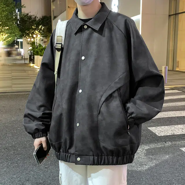 顶峰保罗 美式复古纯色休闲工装飞行员翻领长皮衣无性别主义直筒宽松百搭潮牌高街夹克外套 男女同款