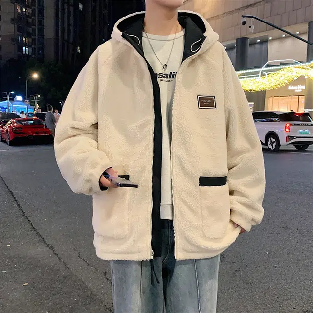 顶峰保罗 双面穿羊羔绒潮牌连帽立领宽松休闲运动外套无性别主义时尚百搭加绒加厚棉服 男女同款