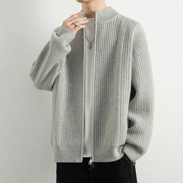 顶峰保罗 日系慵懒风潮牌立领双拉链开衫外套高街百搭无性别主义宽松大码休闲运动纯色上衣显高显瘦轻熟风毛衣 男女同款