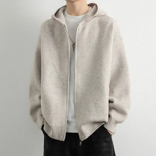 顶峰保罗 连帽针织开衫夹克无性别主义复古慵懒风痞帅直筒休闲宽松大码上衣外套简约百搭纯色长袖毛衣 男女同款