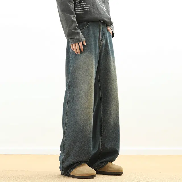 顶峰保罗 美式复古高街潮牌水洗休闲直筒无性别主义长裤百搭时尚宽松阔腿裤牛仔裤 男女同款