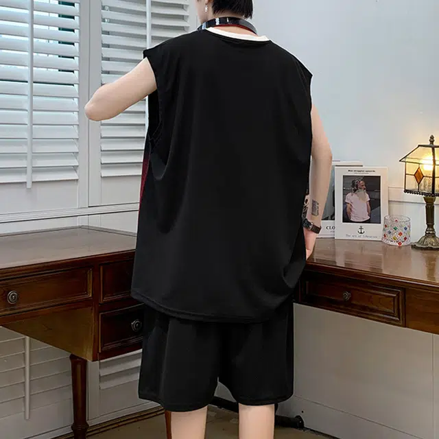 顶峰保罗 冰丝篮球服宽松跑步无袖坎肩背心短裤两件套潮牌小众高级感设计无性别主义弹力抽绳显高时尚休闲运动套装 男女同款