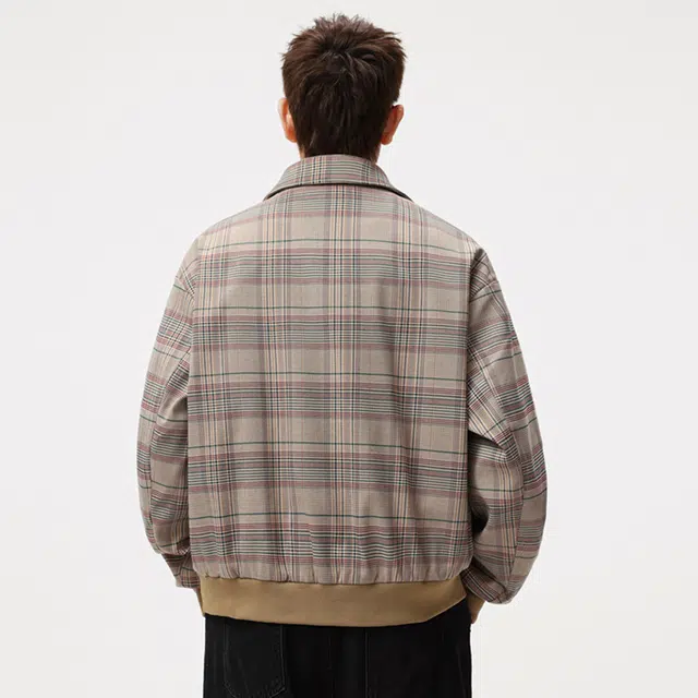 顶峰保罗 美式千鸟格翻领格子工装外套无性别主义直筒宽松加肥加大休闲小香风百搭大口袋衬衫上衣潮牌时尚高街长袖显高显瘦夹克 男女同款