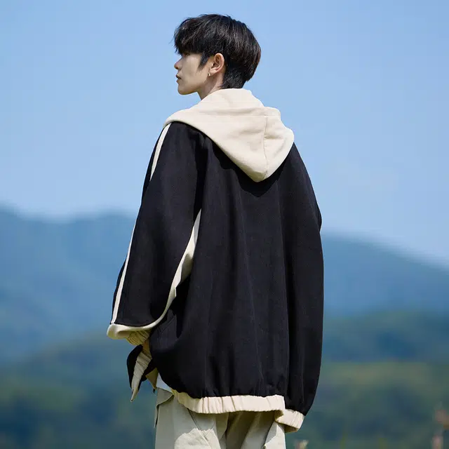 顶峰保罗 港风假两件撞色连帽外套潮牌宽松户外无性别主义简约时尚痞帅百搭运动大码休闲夹克 男女同款