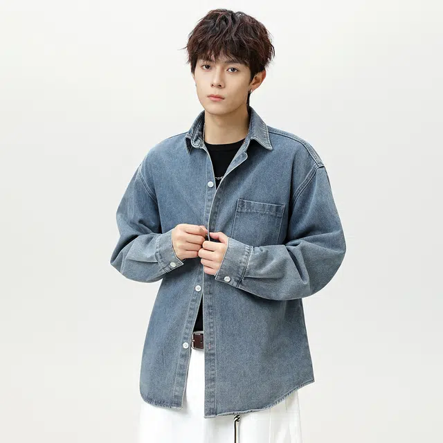 顶峰保罗 美式水洗复古翻领牛仔衬衣无性别主义休闲运动宽松大码高街工装长袖夹克外套纯色显高显瘦潮牌简约百搭衬衫 男女同款