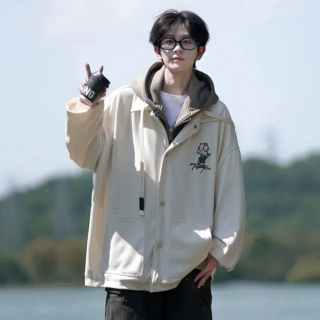 顶峰保罗 日系假两件棒球服宽松无性别主义童趣印花简约时尚小众设计感连帽长袖夹克外套 男女同款