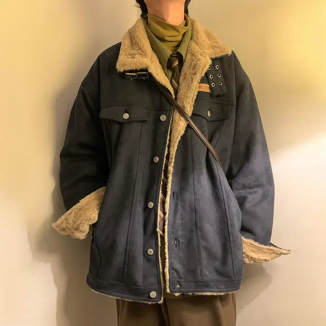 顶峰保罗 日系复古羊羔绒无性别主义潮牌高街休闲百搭直筒外穿棉衣工装牛仔外套棉服 男女同款