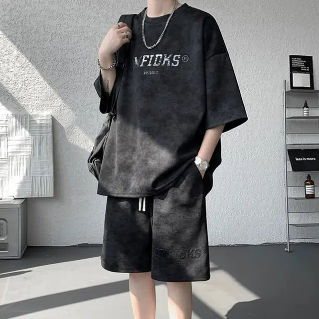顶峰保罗 美式复古时尚亲肤柔软短袖上衣宽松潮流简约舒适短裤休闲运动套装 男女同款