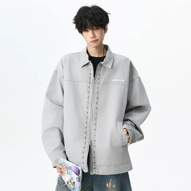 顶峰保罗 美式水洗拼接翻领纯棉重磅工装茄克无性别主义潮牌高街休闲运动痞帅做旧上衣简约百搭显高显瘦长袖夹克外套 男女同款