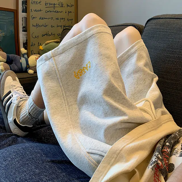 顶峰保罗 纯色简约百搭字母印花直筒五分裤美式复古潮牌宽松小众高街痞帅舒适休闲短裤 男女同款