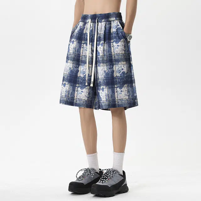 顶峰保罗 冰丝扎染格子设计运动感无性别主义宽松垂感直筒弹力抽绳显高大码时尚简约美式复古潮牌休闲短裤 男女同款