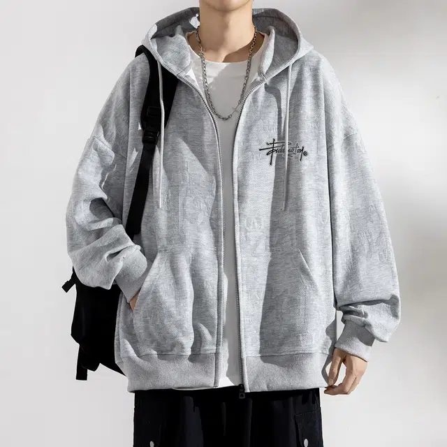 顶峰保罗 美式字母刺绣提花潮牌连帽重磅开衫夹克外套无性别主义宽松大码复古休闲直筒运动上衣简约百搭长袖卫衣 男女同款